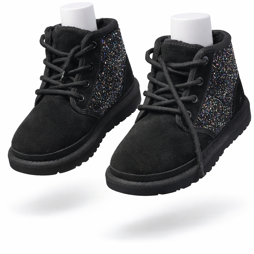 UGG Kids Black Glitter Lace-Up Ankle Boots
